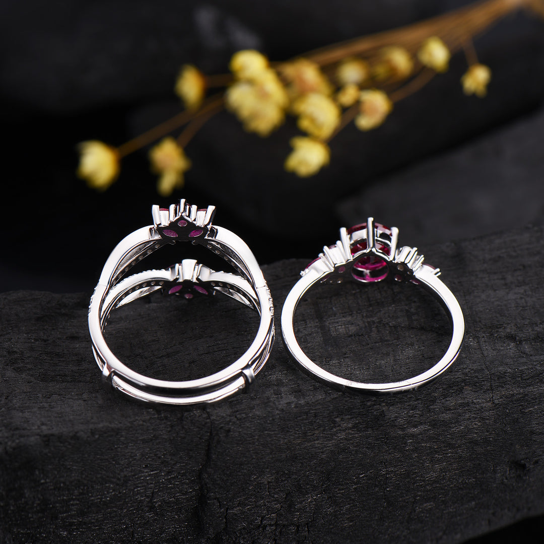 Vintage Snowdrift Ruby Engagement Ring Set: 14K White Gold Moissanite Wedding Set