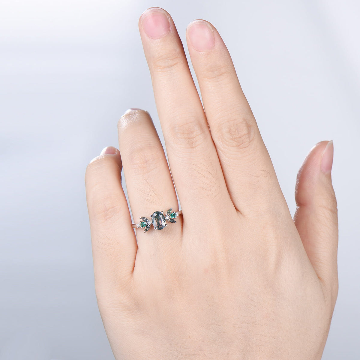 1 carat Oval Vintage Moss Agate Engagement Ring Cluster Pear Emerald Ring for Women