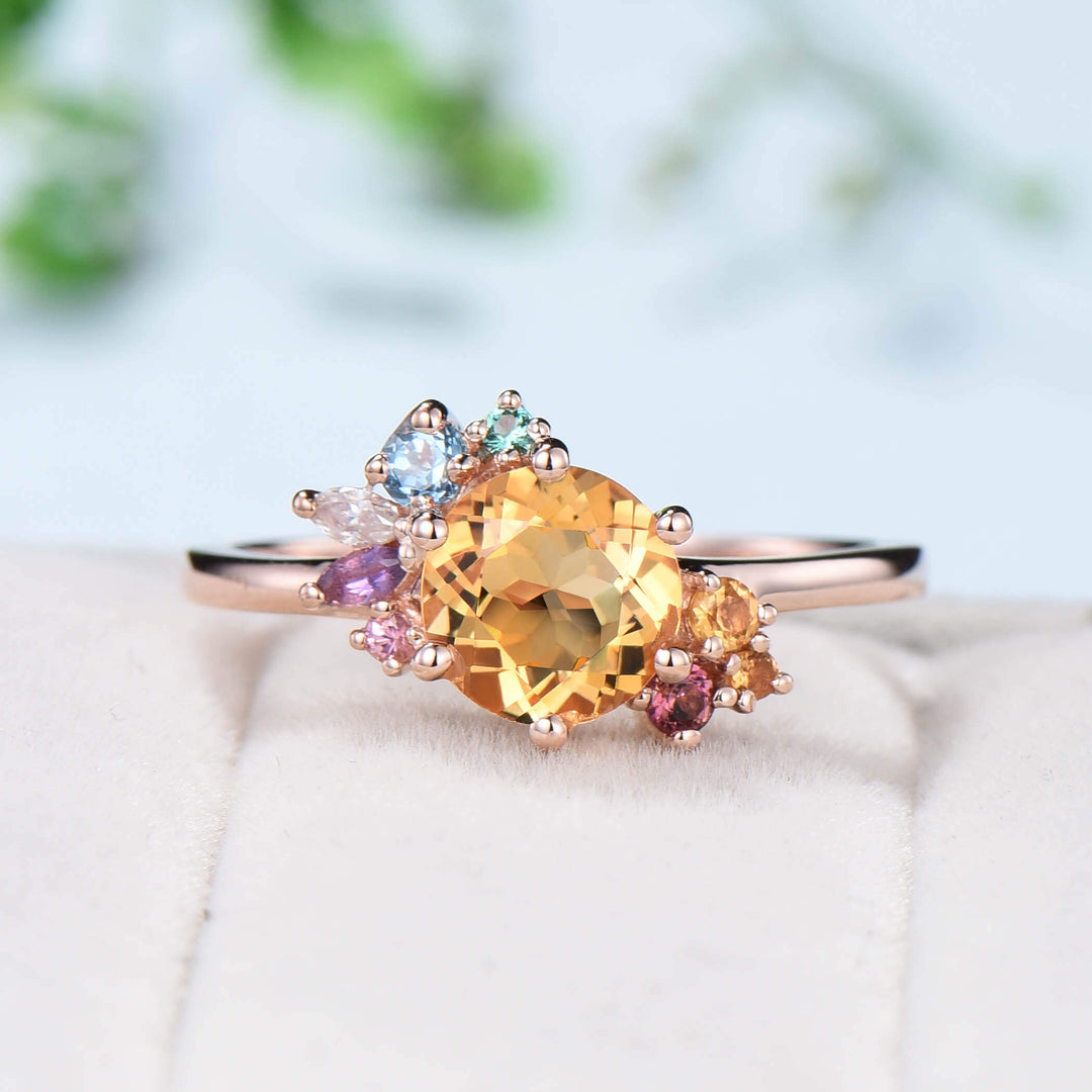 Unique Rainbow Engagement Ring Vintage Citrine Engagement Ring Gold Cluster Natural Crystal Wedding Ring For Women art deco Anniversary Gift - PENFINE