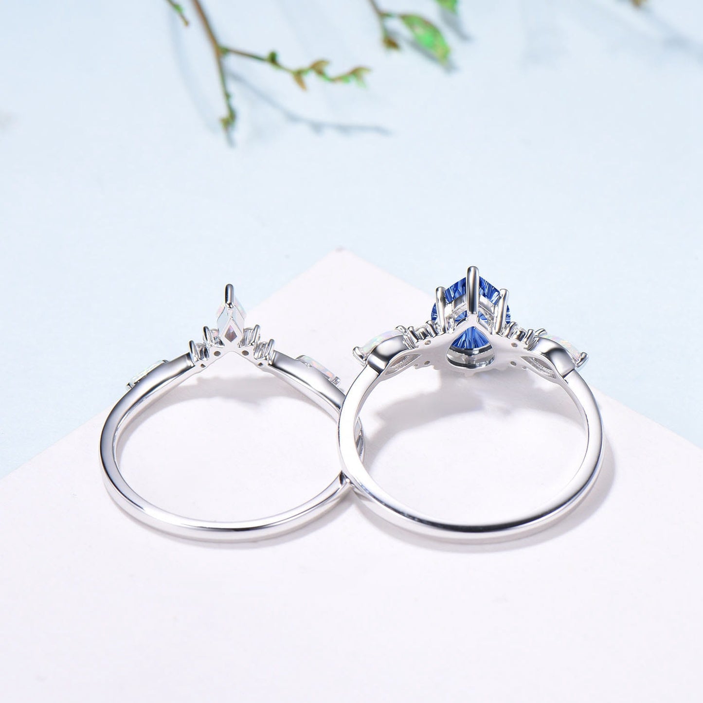 Vintage Starburst Cut Blue Sapphire Wedding Ring Set Pear Shaped July Birthstone Engagement Ring Set Unique Cluster Opal Wedding Set