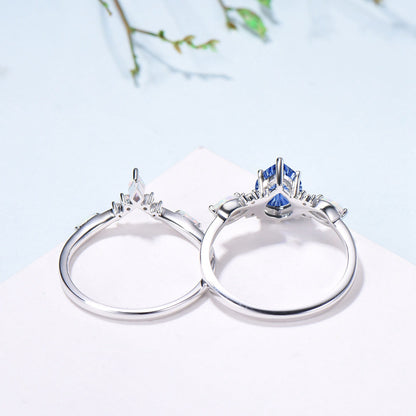 Vintage Starburst Cut Blue Sapphire Wedding Ring Set Pear Shaped July Birthstone Engagement Ring Set Unique Cluster Opal Wedding Set