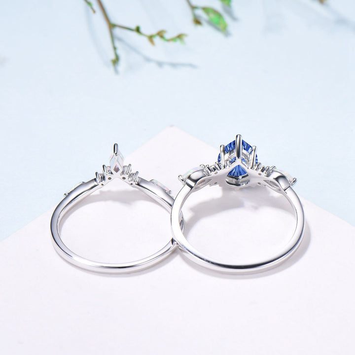 Vintage Starburst Cut Blue Sapphire Wedding Ring Set Pear Shaped July Birthstone Engagement Ring Set Unique Cluster Opal Wedding Set