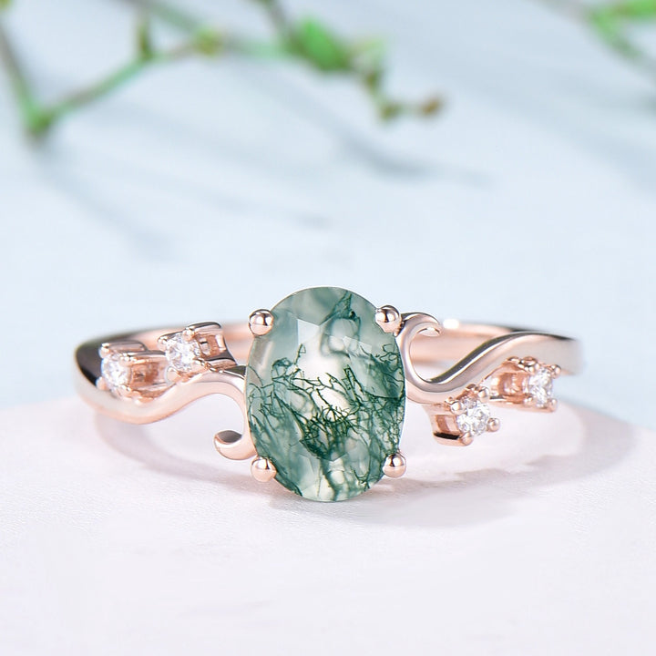 1.5CT Oval Natural Moss Agate Twist Engagement Ring Art Deco Silver Rose Gold Wedding Ring Garden Jewelry Mom's birthstone anniversary gift - PENFINE