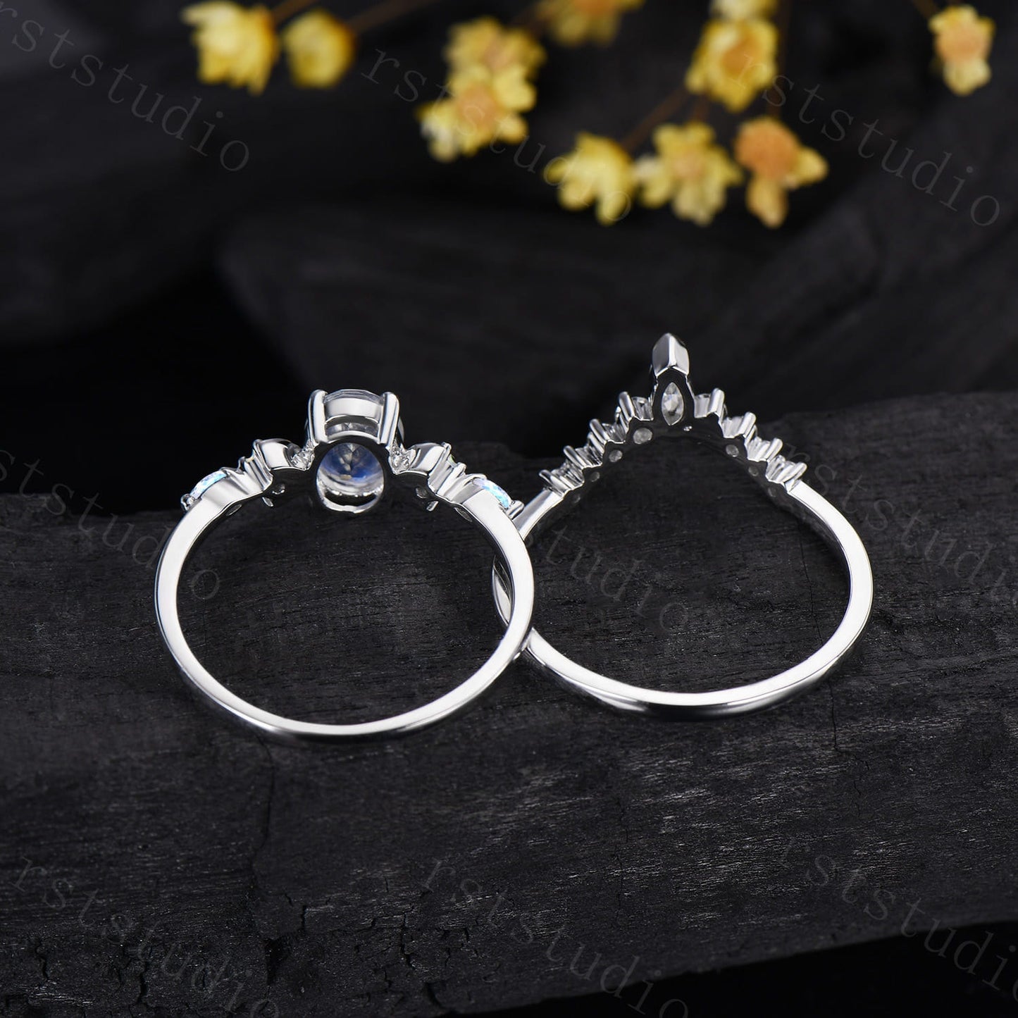 Vintage 1.5CT Oval Moonstone Engagement Ring Set Marquise Moonstone Opal Moon Wedding Ring Set Art Deco Stacking Anniversary Ring For Women