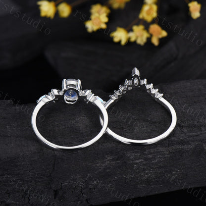 Vintage 1.5CT Oval Moonstone Engagement Ring Set Marquise Moonstone Opal Moon Wedding Ring Set Art Deco Stacking Anniversary Ring For Women