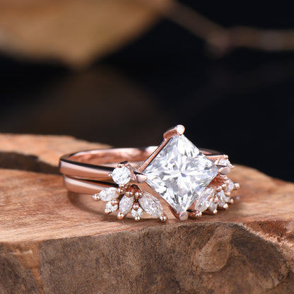 2CT Princess Shaped Moissanite Three Stone Engagement Ring Diamond Cluster Open Gaps Stacking Band Rose Gold Wedding Bridal Set Women Gifts - PENFINE