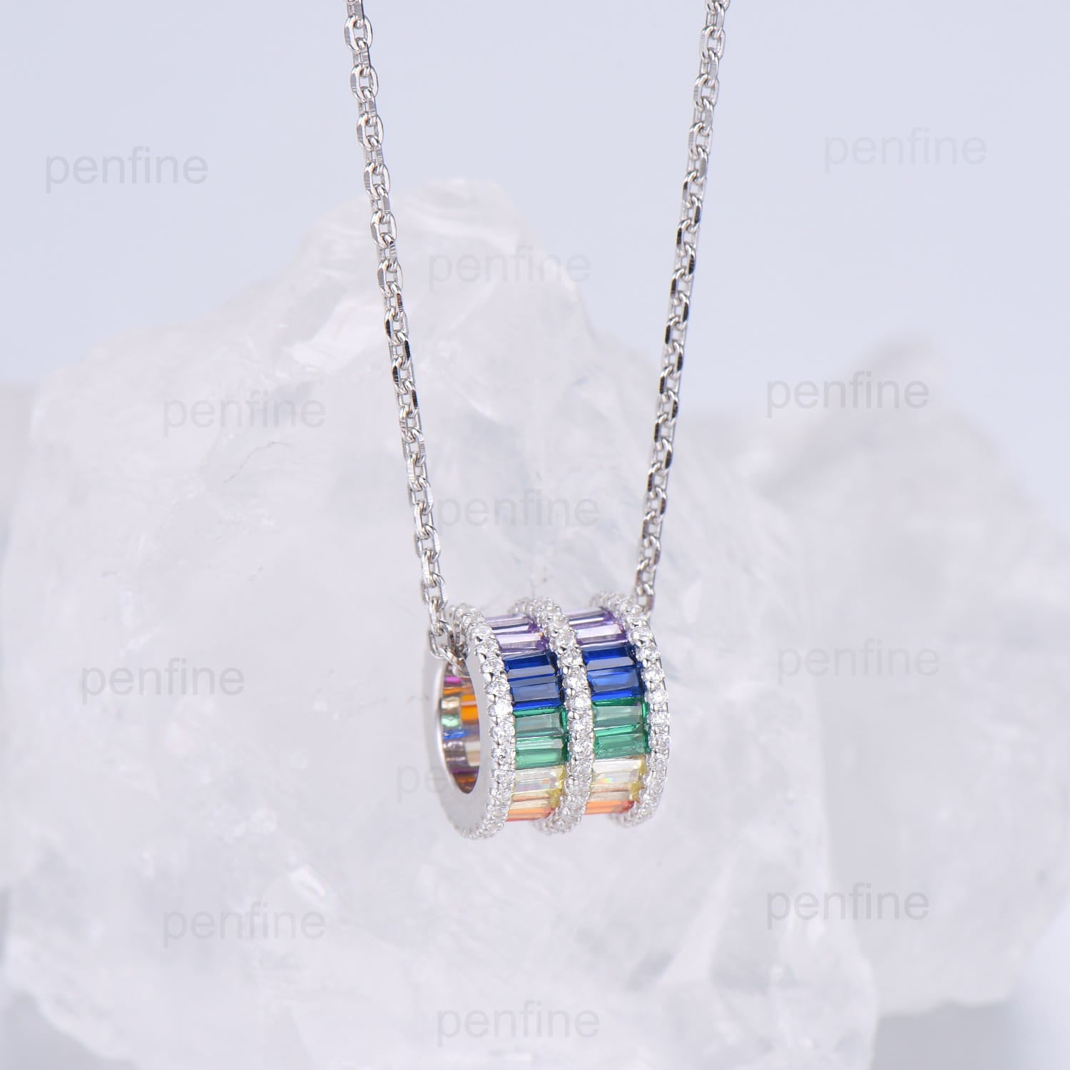 Vintage Pendant Necklace Unique Baguette Women's Personalized Rainbow Necklace Silver 14K/18K White Gold Necklace Birthday Gift - PENFINE