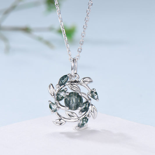 5mm Round Nature Inspired Moss Agate Necklace Unique Marquise and Pear Green Agate Necklace Flower Pendant Snowflake Anniversary gift women - PENFINE