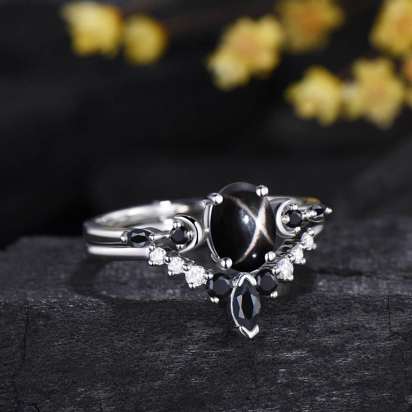 Oval Cut Black Star Sapphire Moon Celestial Wedding Ring Spinel Moissanite Band Unique Bridal Set