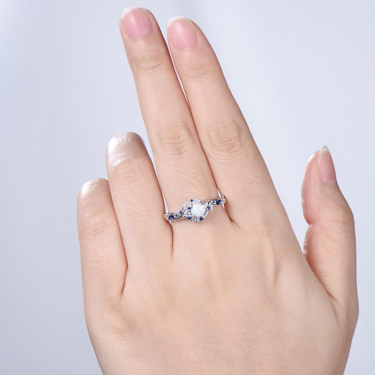 5mm Round White Opal Sapphire Engagement Ring Moon Style Cluster Moissanite Wedding Ring Women Nature Inspired Band October Birthstone Gift