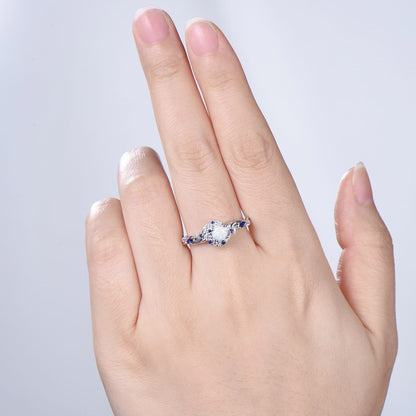 5mm Round White Opal Sapphire Engagement Ring Moon Style Cluster Moissanite Wedding Ring Women Nature Inspired Band October Birthstone Gift