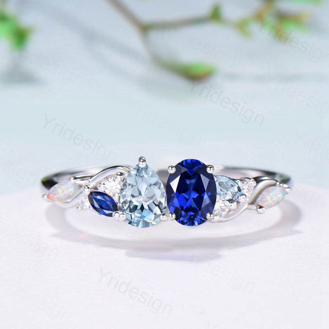 Toi et Moi Blue Sapphire & Aquamarine Engagement Ring | Pear and Oval Cut - PENFINE