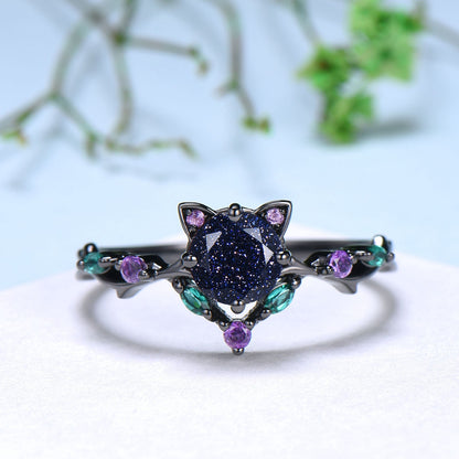 Dainty 5mm Round Blue Sandstone Ring Vintage Galaxy Starry Engagement Ring Black Gold Cat Promise Ring Marquise Emerald Wedding Ring for Her - PENFINE