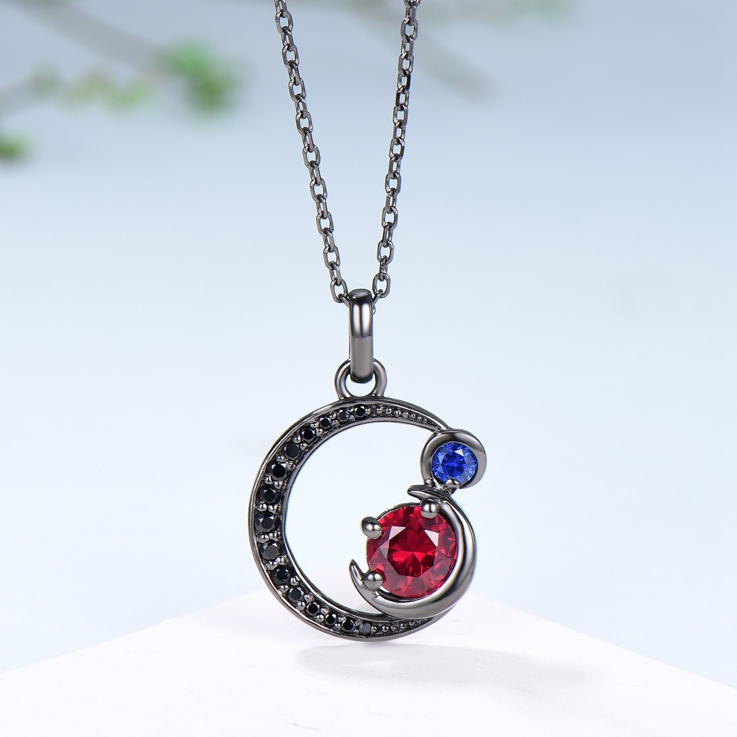 Unique Black Gold Ruby Necklace Magic Crescent Moon Ruby Sapphire