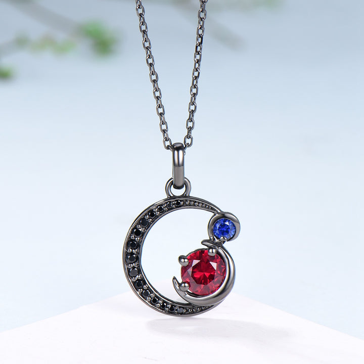 Unique Black Gold Ruby Necklace Magic Crescent Moon Ruby Sapphire Pendant Necklace Magic Crescent Moon Gothic Anniversary Gift for Daughter - PENFINE
