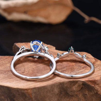 Oval Shaped Fantasy Cut Sapphire Leaf Bridal Set Emerald Nature Inspired Ring