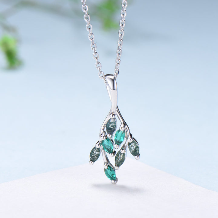 Vintage Moss Agate Necklace Unique Marquise Green Agate Leaf Style Pendant Dainty Branch Guard Emerald Pendant Unique Anniversary gift women - PENFINE