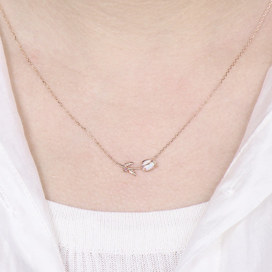 Dainty Opal Tulip Necklace, Nature Inspired Rose Gold Flower Leaf Vine Amethyst Pendant