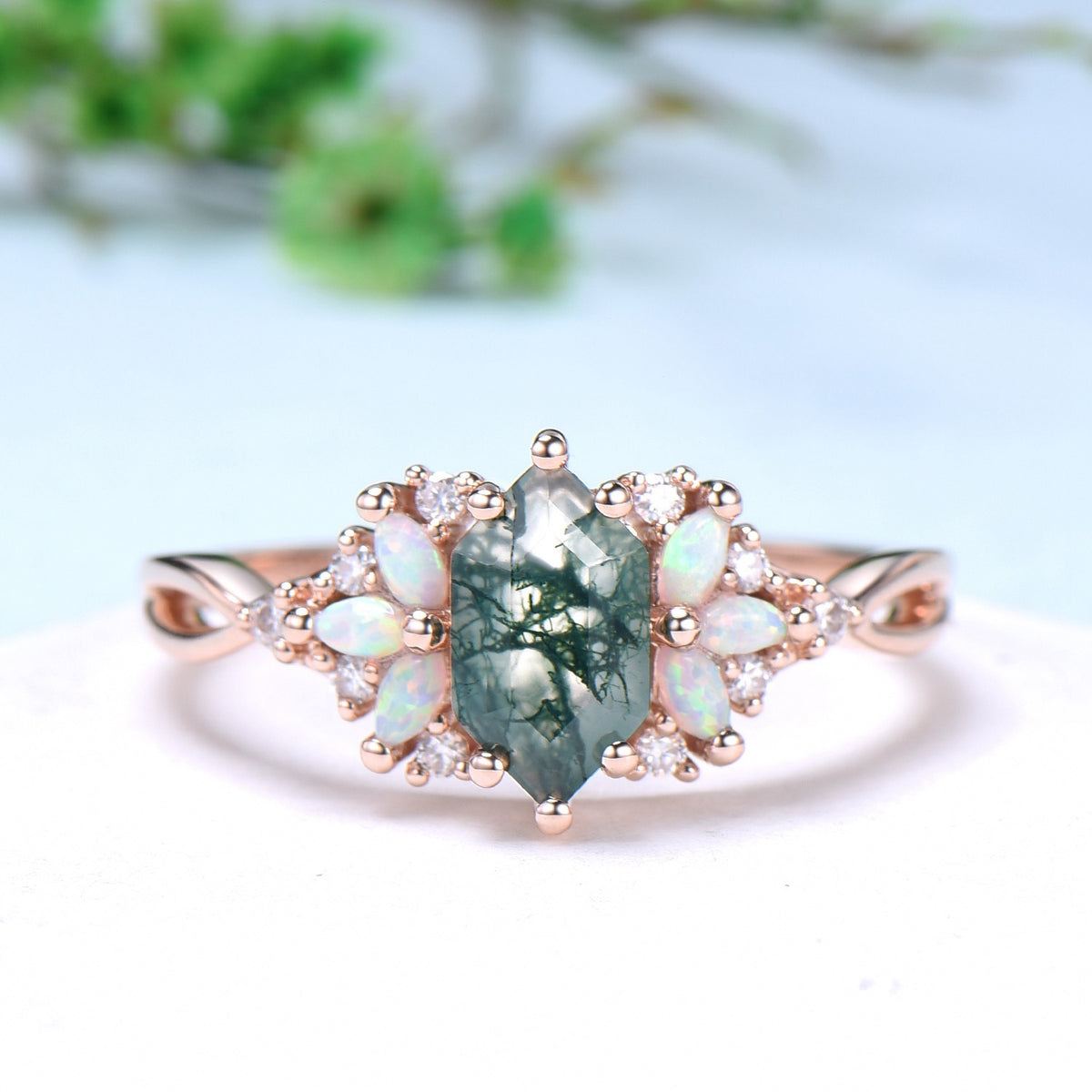 Vintage Long Hexagon cut green moss agate engagement ring cluster marquise cut opal wedding ring art deco infinity band ring for women