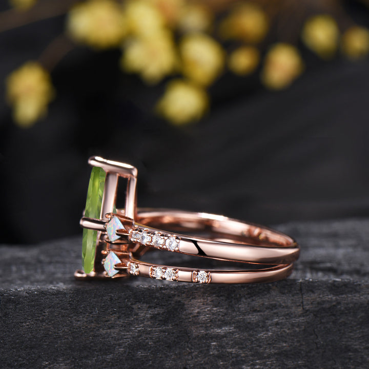 1CT Natural Marquise Cut Peridot Engagement Ring Set, Three Stone August Birthstone Opal Wedding Ring Set, Pave Diamond Stacking Band