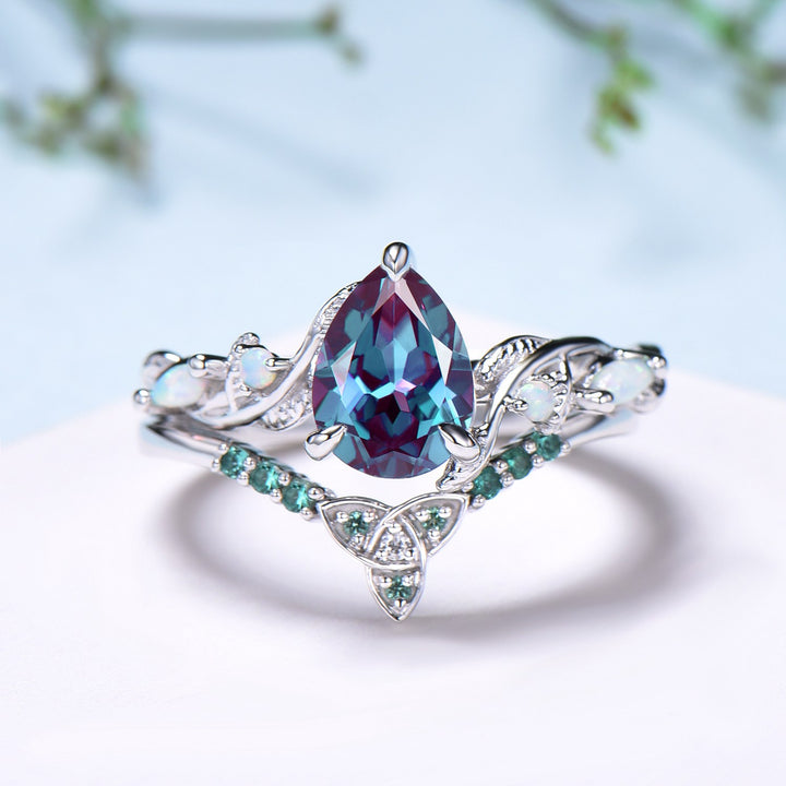 Unique Alexandrite Engagement Ring Set Infinity Opal Emerald Celtic Norse Viking Bridal Ring Set Art Deco Color Change Anniversary Ring - PENFINE