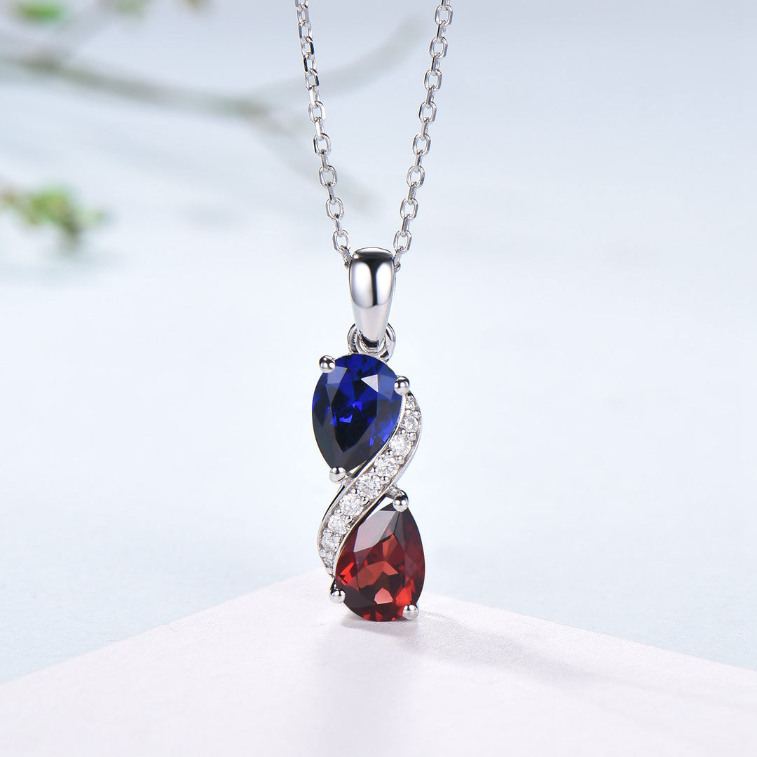 Sapphire Garnet Snake Pendant Necklace, Moissanite Diamond Accent, 14K White Gold - PENFINE
