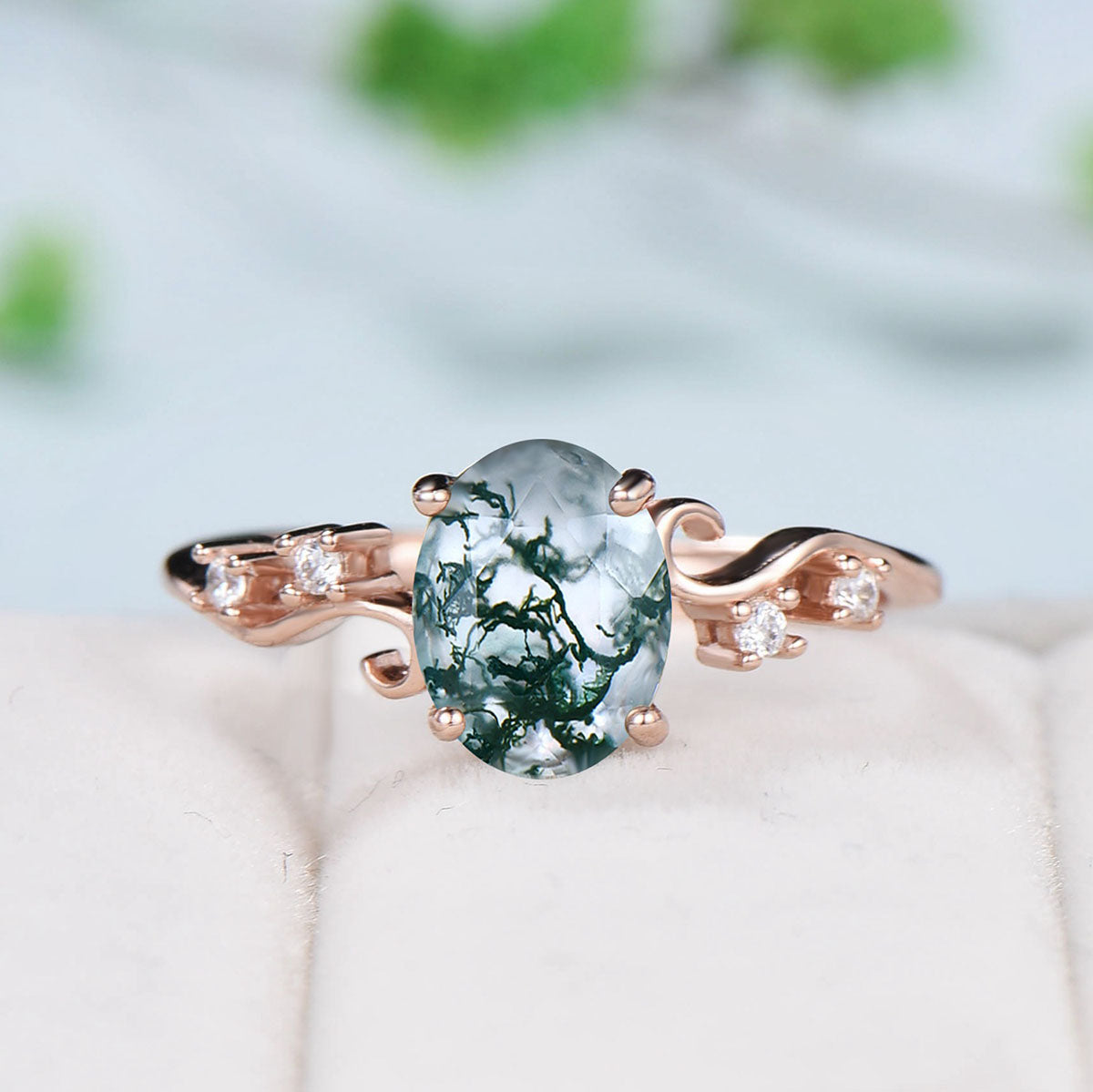 Retro Natural moss agate engagement ring set 1.5CT oval aquatic agate cluster diamond wedding ring set Vintage green crystal Proposal Gift - PENFINE