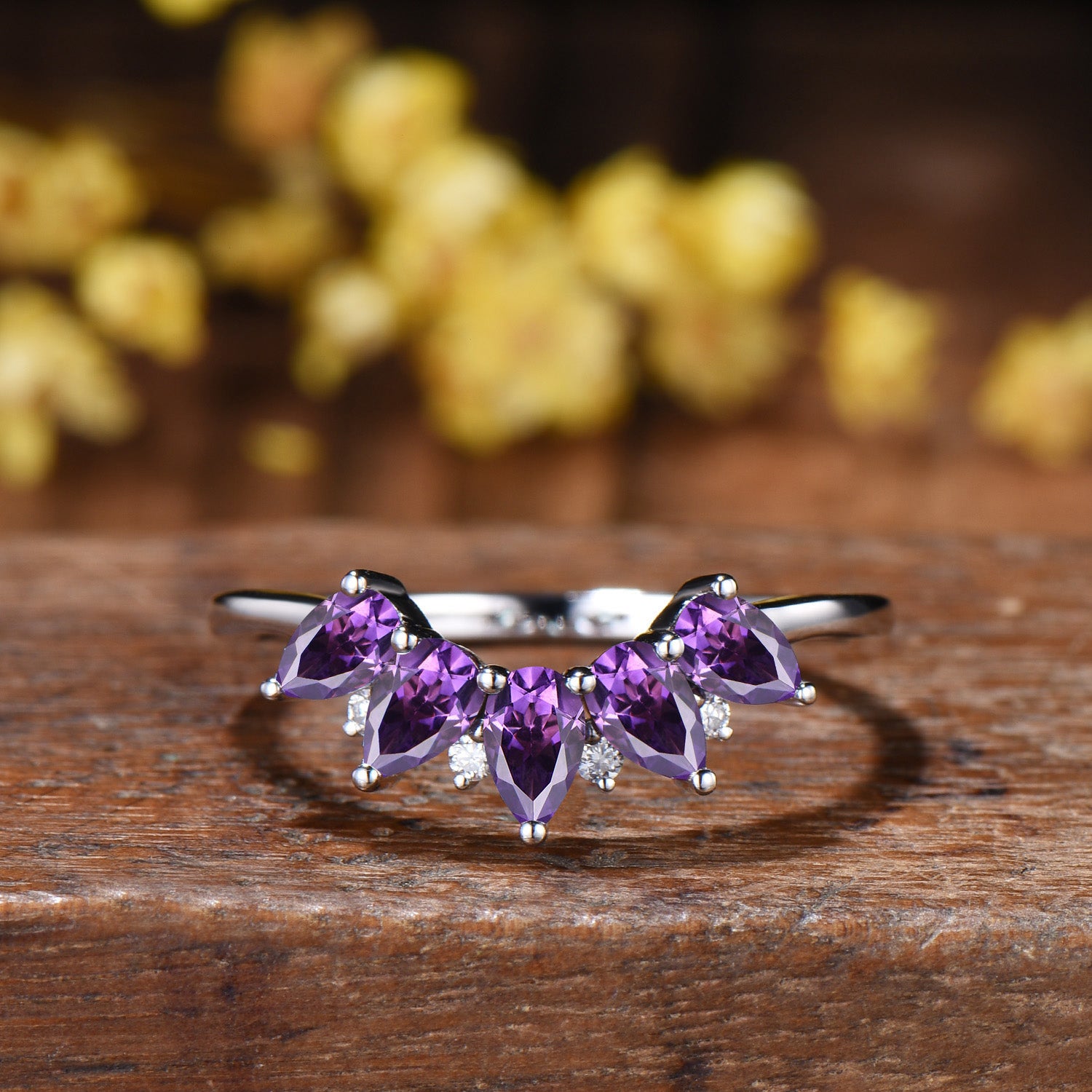 Vintage Amethyst Five Stone Curved Wedding Band, 14K Rose Gold Stacking Ring