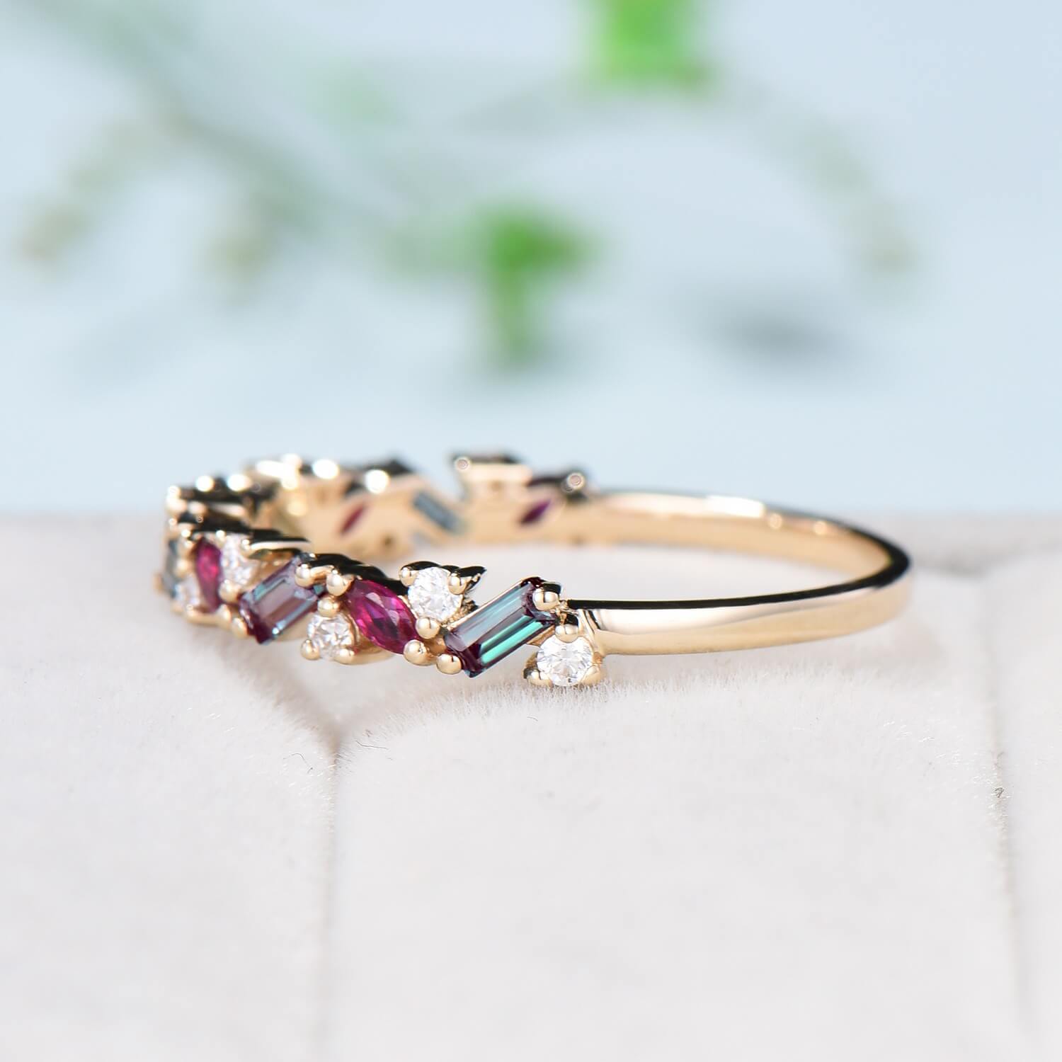 Vintage Alexandrite Ruby Eternity Wedding Band Women Unique Baguette Alexandrite Stackable Ring Marquise Ruby Matching Band Anniversary Gift - PENFINE
