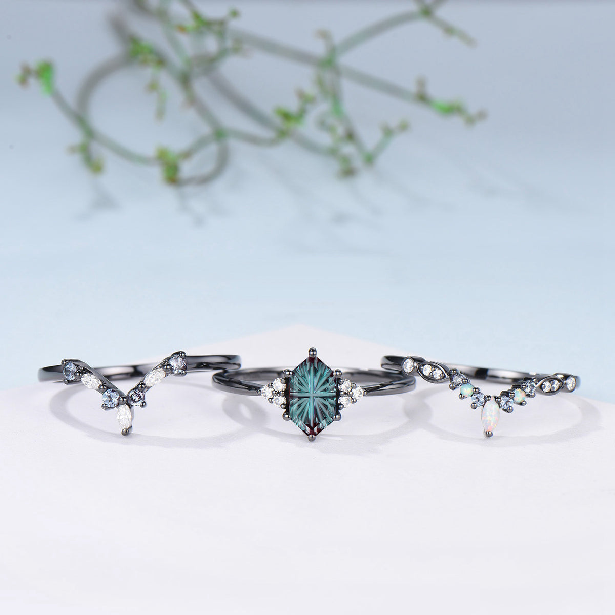 3PC Hexagon Shaped Bridal Ring Set Fantasy Cut Color-change Alexandrite 7 Stone Engagement Ring