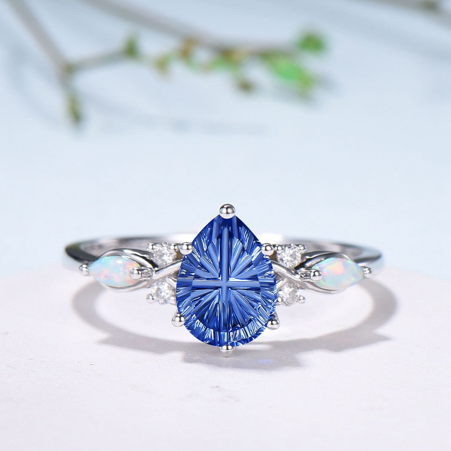 Vintage Starburst Cut Blue Sapphire Wedding Ring Set Pear Shaped July Birthstone Engagement Ring Set Unique Cluster Opal Wedding Set