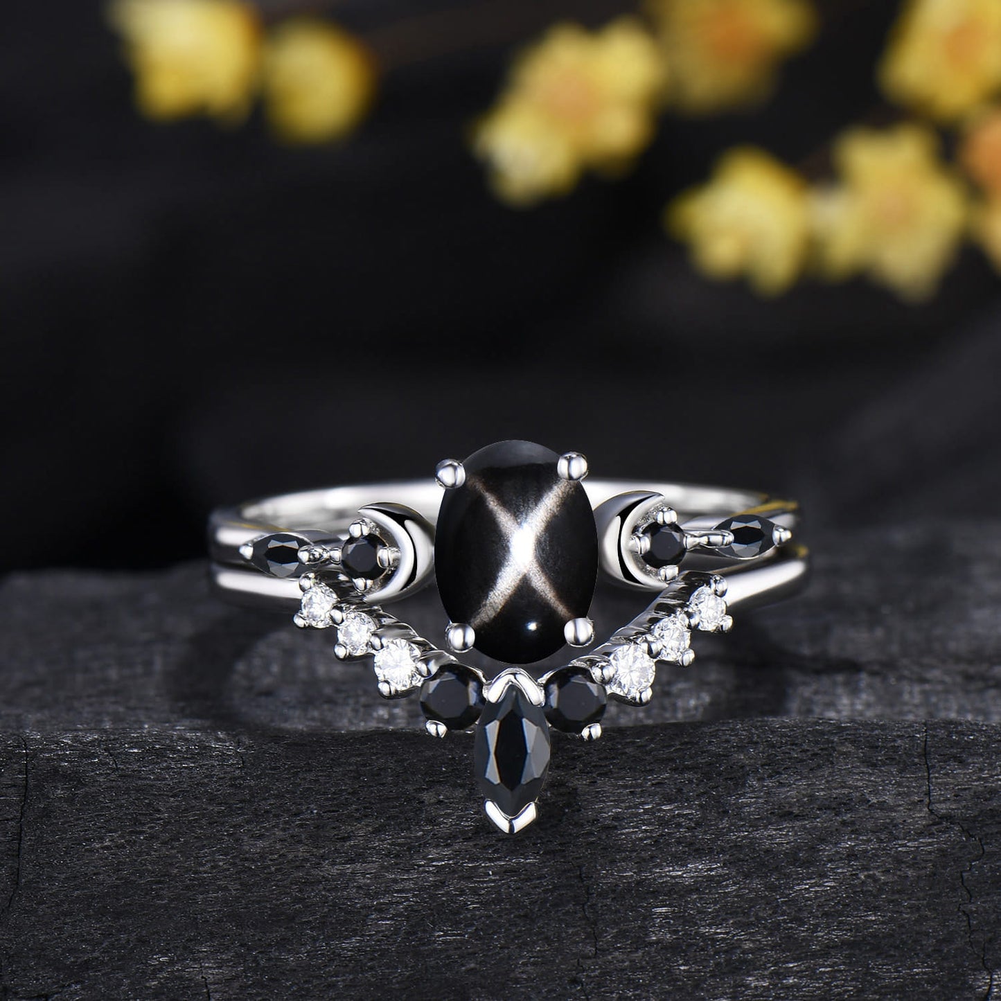 Oval Cut Black Star Sapphire Moon Celestial Wedding Ring Spinel Moissanite Band Unique Bridal Set