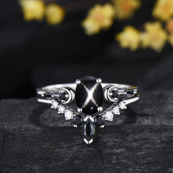 Oval Cut Black Star Sapphire Moon Celestial Wedding Ring Spinel Moissanite Band Unique Bridal Set