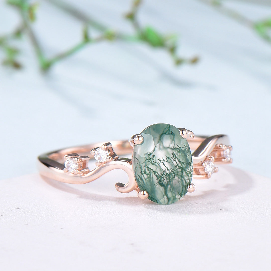 1.5CT Oval Natural Moss Agate Twist Engagement Ring Art Deco Silver Rose Gold Wedding Ring Garden Jewelry Mom's birthstone anniversary gift - PENFINE