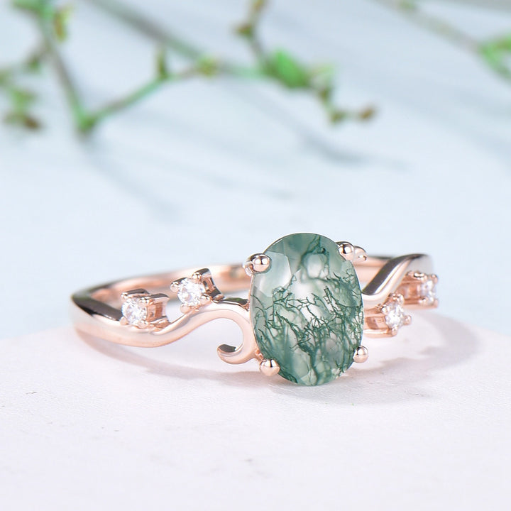 1.5CT Oval Natural Moss Agate Twist Engagement Ring Art Deco Silver Rose Gold Wedding Ring Garden Jewelry Mom's birthstone anniversary gift - PENFINE