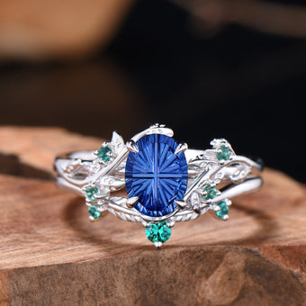 Oval Shaped Fantasy Cut Sapphire Leaf Bridal Set Emerald Nature Inspired Ring
