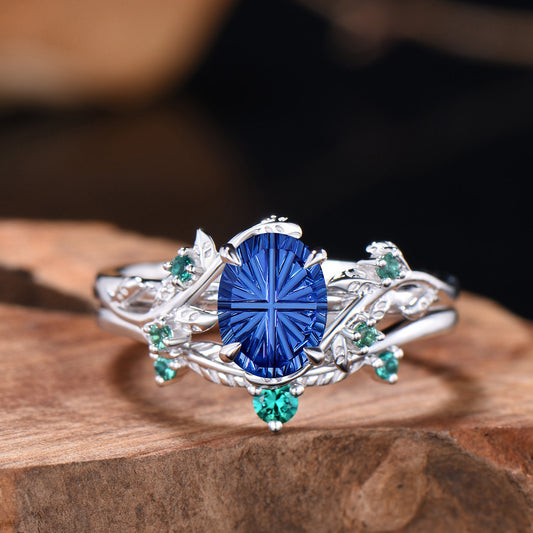 Oval Shaped Fantasy Cut Sapphire Leaf Bridal Set Emerald Nature Inspired Ring