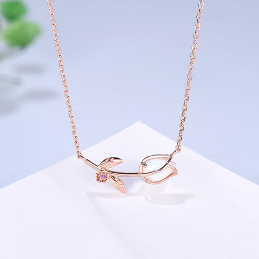 Dainty Opal Tulip Necklace, Nature Inspired Rose Gold Flower Leaf Vine Amethyst Pendant