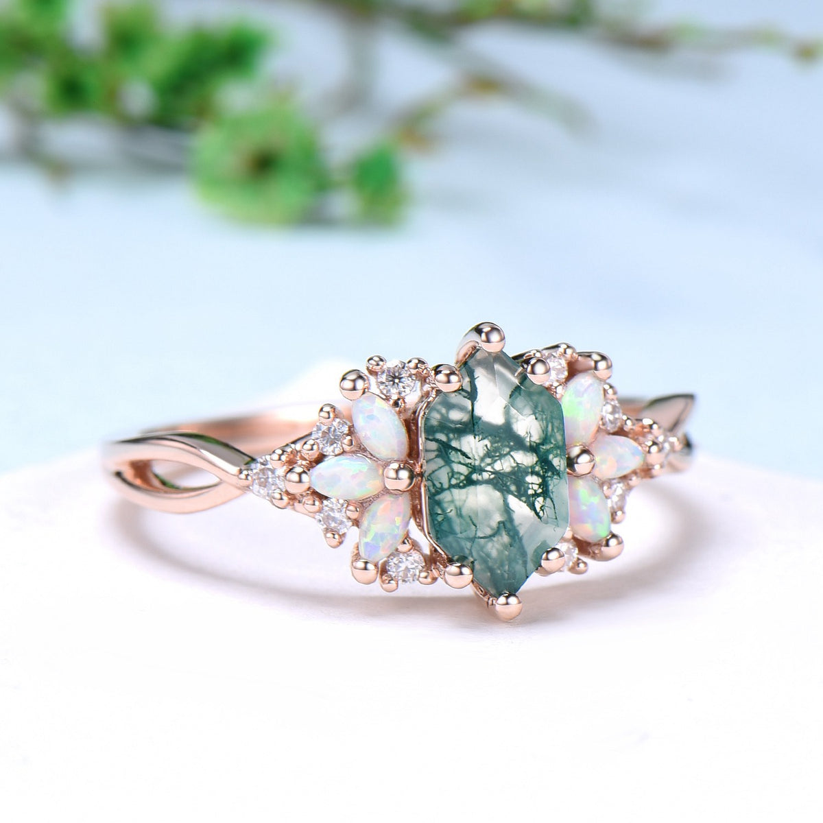 Vintage Long Hexagon cut green moss agate engagement ring cluster marquise cut opal wedding ring art deco infinity band ring for women