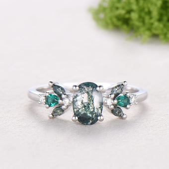 1 carat Oval Vintage Moss Agate Engagement Ring Cluster Pear Emerald Ring for Women