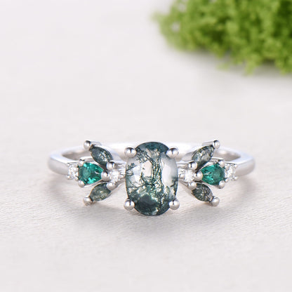 1 carat Oval Vintage Moss Agate Engagement Ring Cluster Pear Emerald Ring for Women