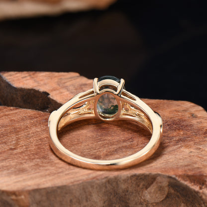 Noese Viking Moss Agate Engagement Ring, Infinite Love Solitaire, Yellow Gold