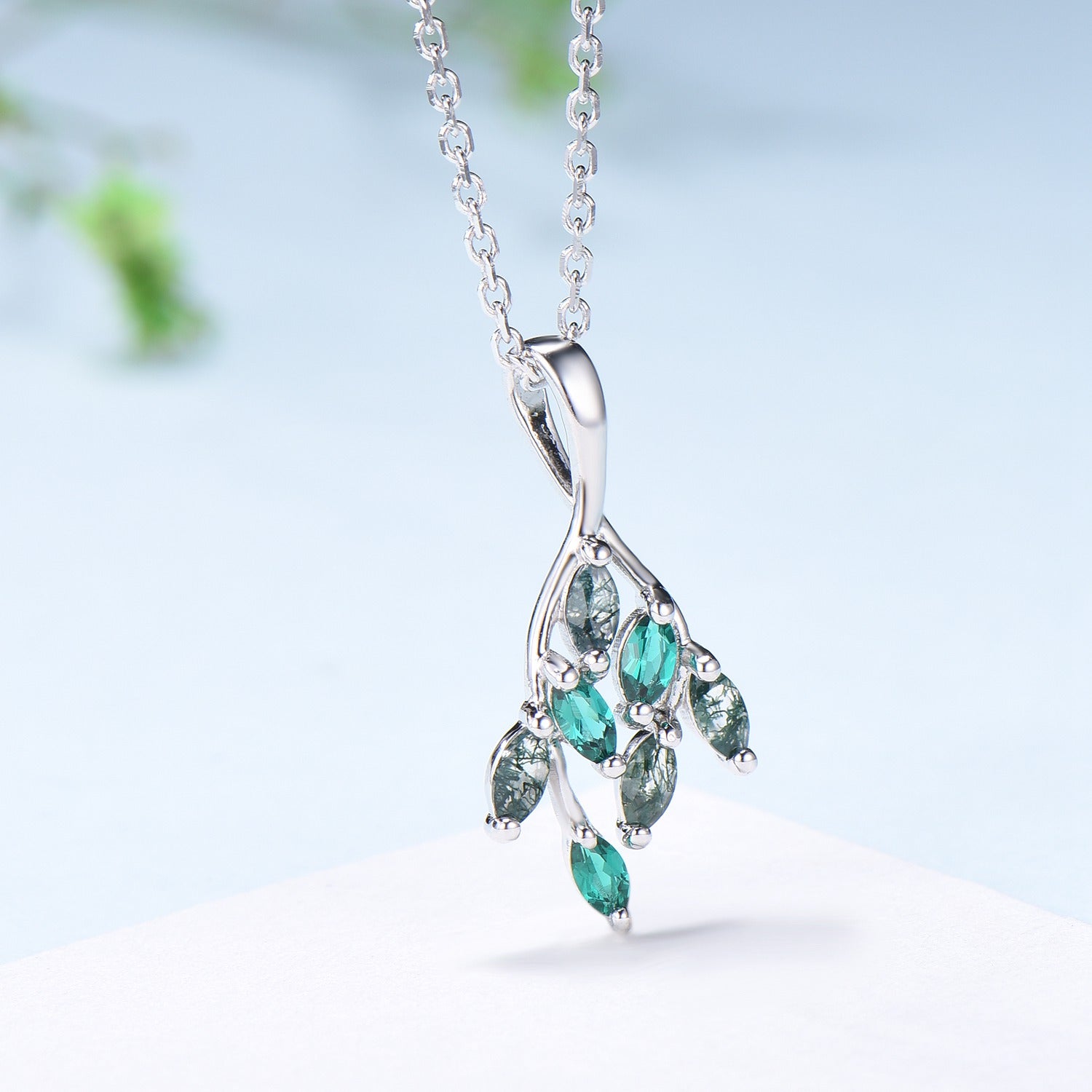 Vintage Moss Agate Necklace Unique Marquise Green Agate Leaf Style Pendant Dainty Branch Guard Emerald Pendant Unique Anniversary gift women - PENFINE