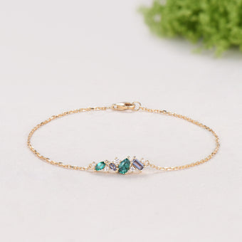 Elegant Pear Shaped Emerald Bracelet Multi-Stone Baguette Alexandrite Moissanite Lobster Claw Bracelet Silver Gold Art Deco Anniversary Gift