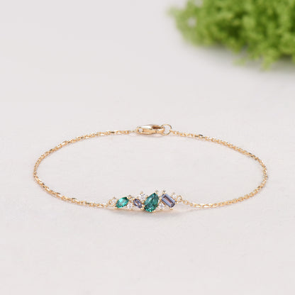 Elegant Pear Shaped Emerald Bracelet Multi-Stone Baguette Alexandrite Moissanite Lobster Claw Bracelet Silver Gold Art Deco Anniversary Gift
