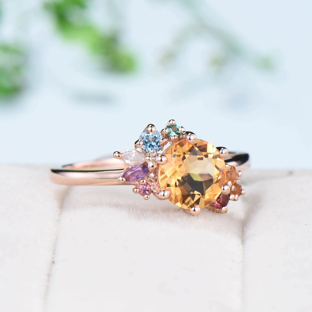 Unique Rainbow Engagement Ring Vintage Citrine Engagement Ring Gold Cluster Natural Crystal Wedding Ring For Women art deco Anniversary Gift - PENFINE