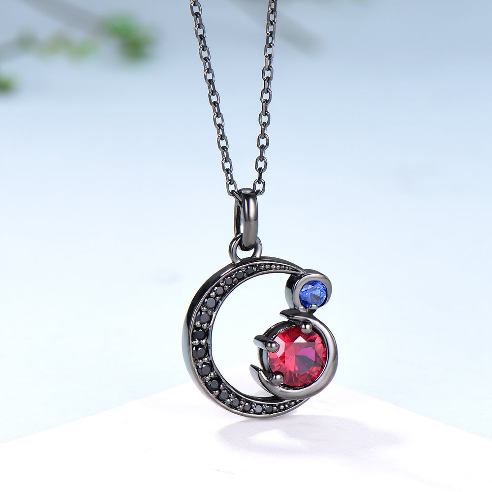 Unique Black Gold Ruby Necklace Magic Crescent Moon Ruby Sapphire Pendant Necklace Magic Crescent Moon Gothic Anniversary Gift for Daughter - PENFINE