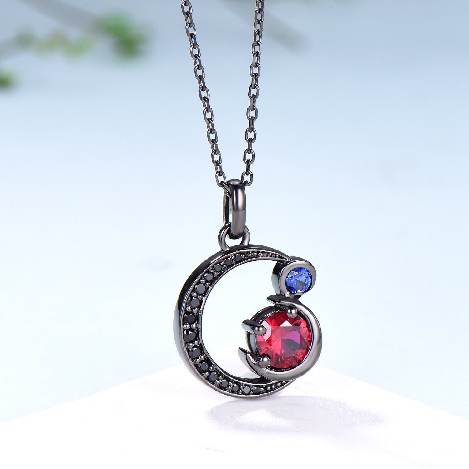 Unique Black Gold Ruby Necklace Magic Crescent Moon Ruby Sapphire Pendant Necklace Magic Crescent Moon Gothic Anniversary Gift for Daughter - PENFINE