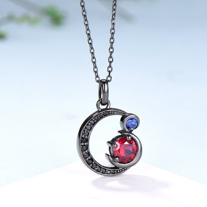 Unique Black Gold Ruby Necklace Magic Crescent Moon Ruby Sapphire Pendant Necklace Magic Crescent Moon Gothic Anniversary Gift for Daughter - PENFINE