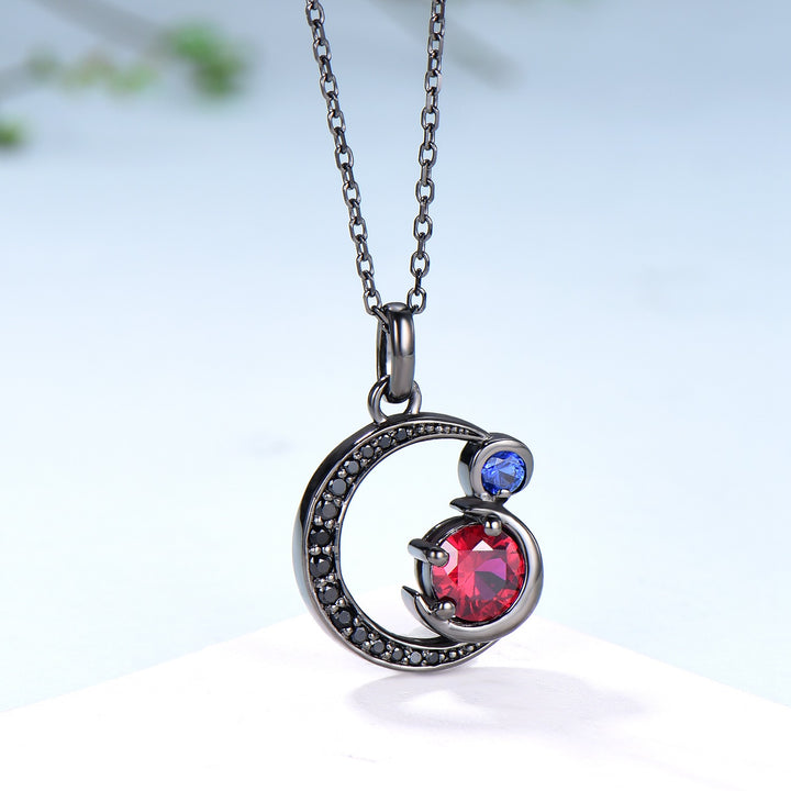 Unique Black Gold Ruby Necklace Magic Crescent Moon Ruby Sapphire Pendant Necklace Magic Crescent Moon Gothic Anniversary Gift for Daughter - PENFINE